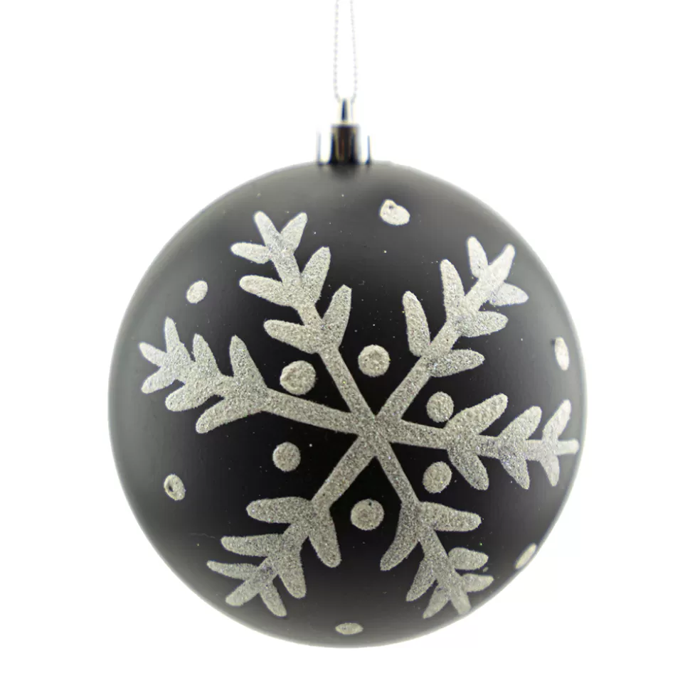 Christmas Forever BALL 100MM MATT BLACK W/WHT SNOWFLAKE PATTERN