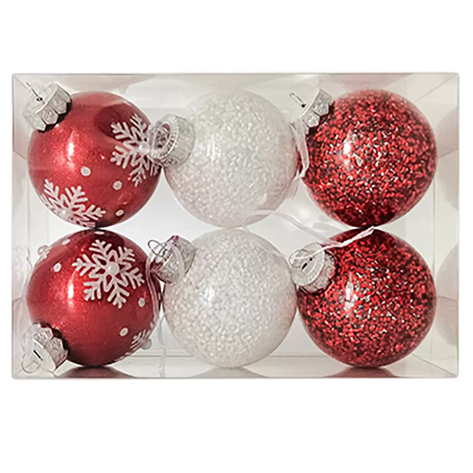 Christmas Forever BALL 6PC 75MM RED & WHITE DECORATED