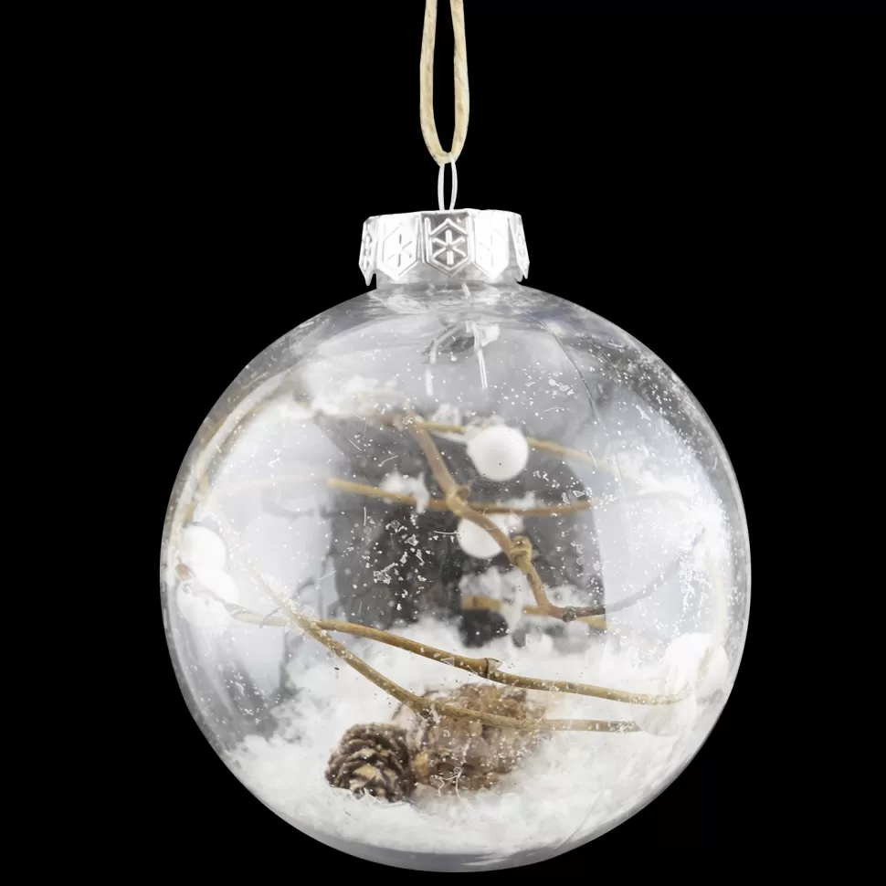 Christmas Forever BALL CLEAR 100MM W/ PINECONE, 2 TWIGS INSIDE