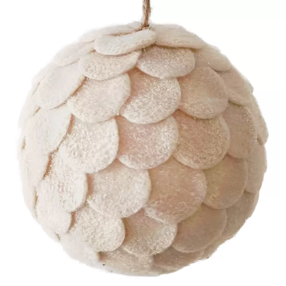 Christmas Forever BALL FABRIC FELT SCALLOP 4.5″ CREAM FROSTED
