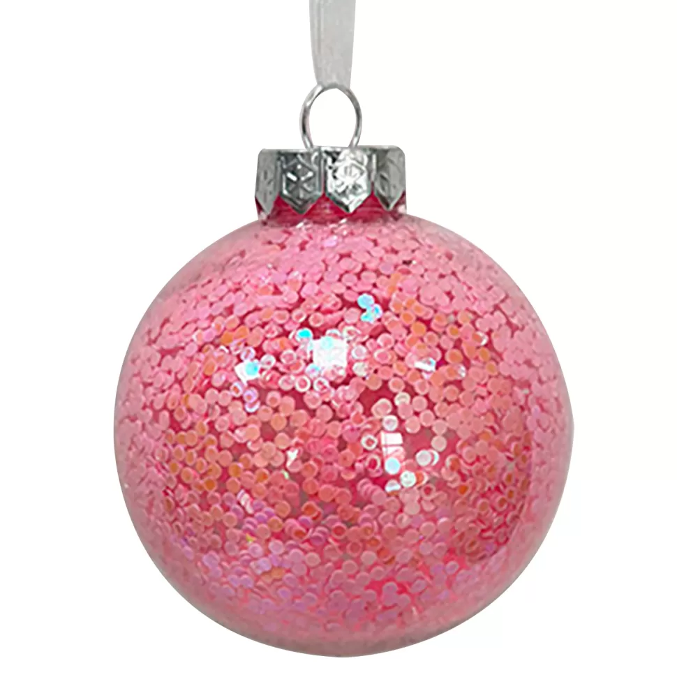 Christmas Forever BALL PINK 80MM CLEAR W/ INSIDE GLITTER