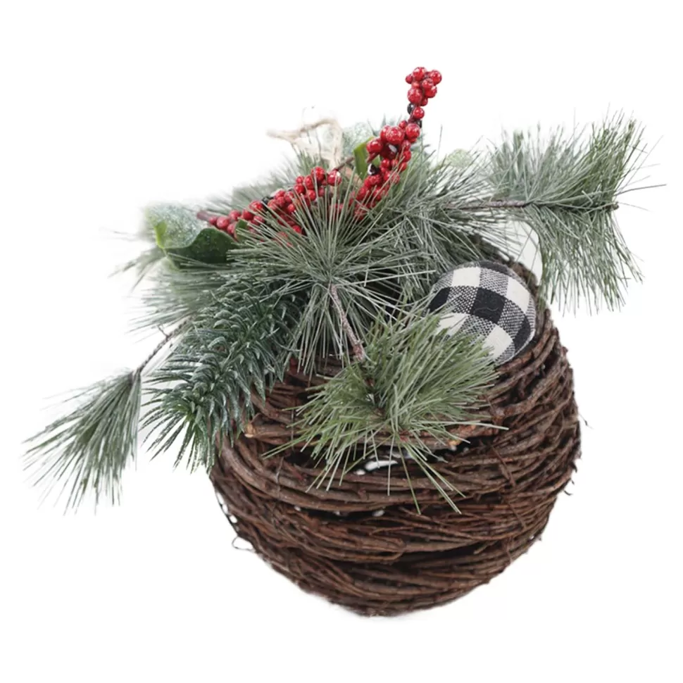 Christmas Forever BALL RATTAN/ GREENS 7.5″X8.5″ W/ FROSTED NEEDLE PINE & BERRIES