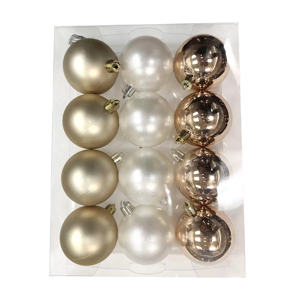 Christmas Forever BALLS BOXED 12PC 60MM SHINY/PEARL/MATT – ROSE GOLD/WHITE/LT. CHAMPAGNE