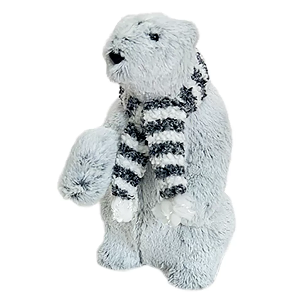 Christmas Forever BEAR GRAY STANDING PLUSH 12″ W/ BLACK/WHITE SCARF