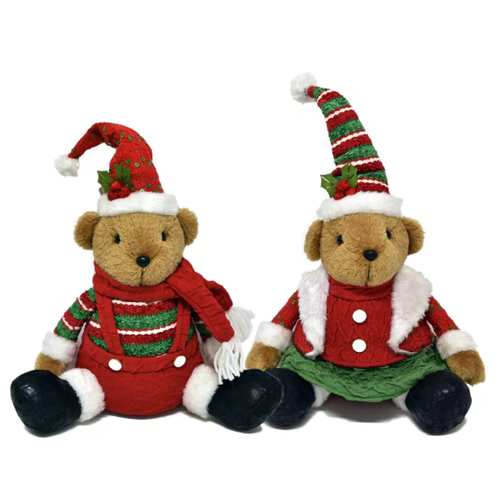 Christmas Forever BEAR PLUSH SITTING 12″ BOY/ GIRL W/ RED/ GREEN STRIPES SHIRT & HAT