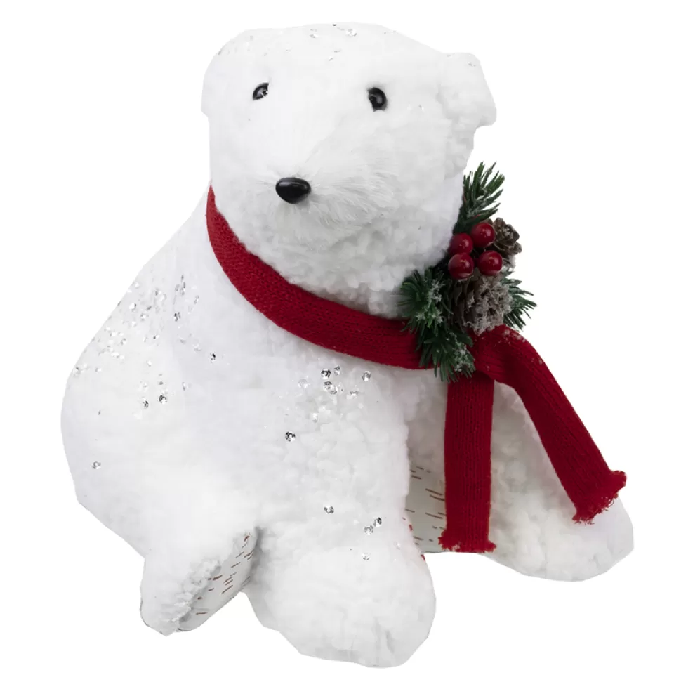 Christmas Forever BEAR WHITE SITTING 10″ FUR W/CLEAR SEQUINS & RED SCARF