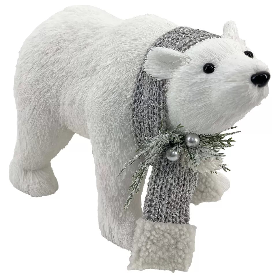 Christmas Forever BEAR WHITE STANDING FAUX GRASS 12.5″x8.5″ W/ SCARF, FROSTED PINE & BERRIES