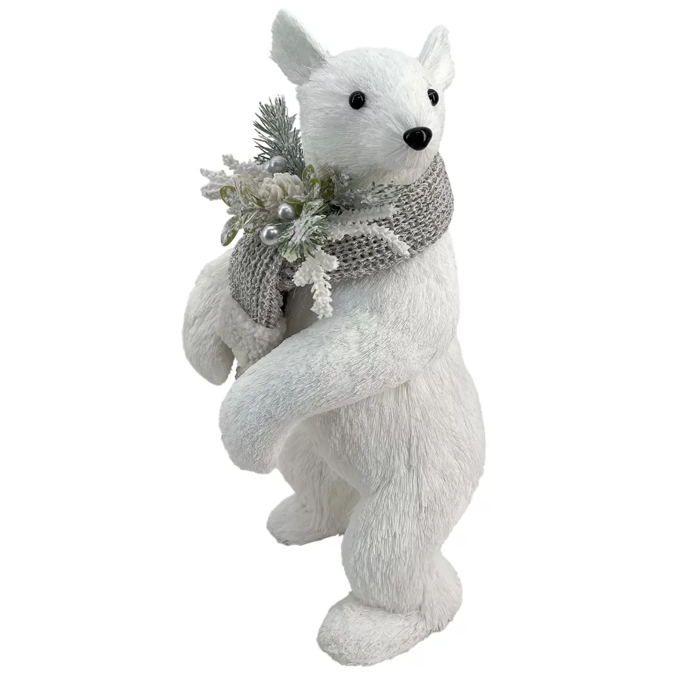 Christmas Forever BEAR WHITE STANDING FAUX GRASS 6.5″x15″ W/ SCARF, FROSTED PINE & BERRIES