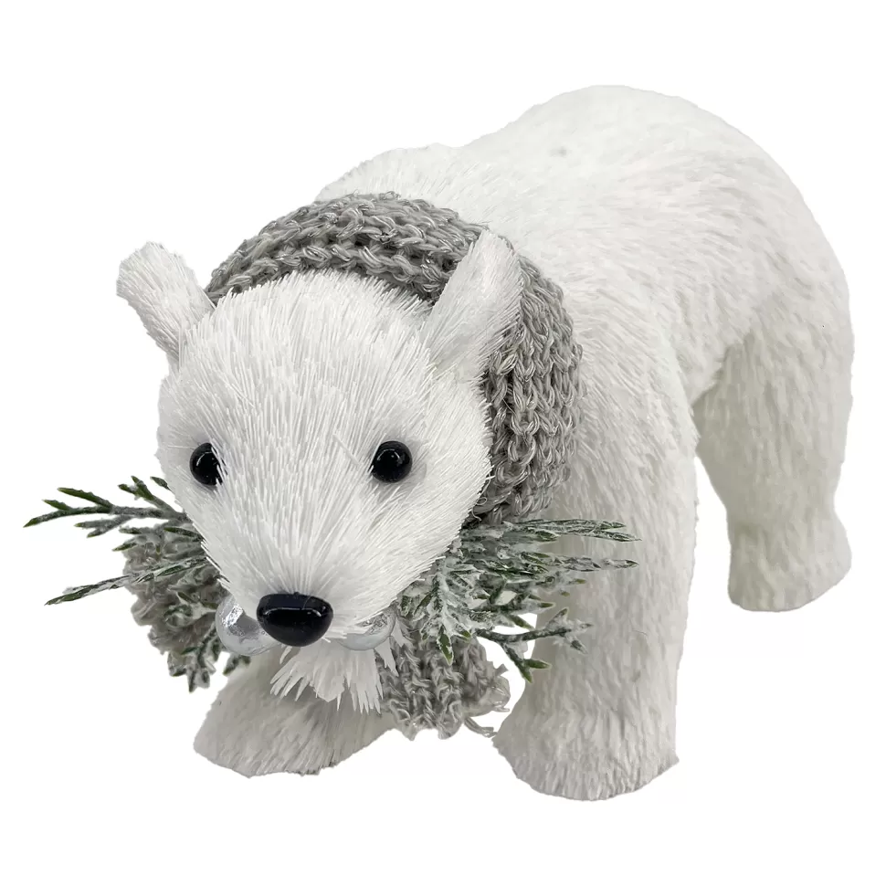 Christmas Forever BEAR WHITE STANDING FAUX GRASS 9.5″x5.5″ W/ SCARF, FROSTED PINE & BERRIES