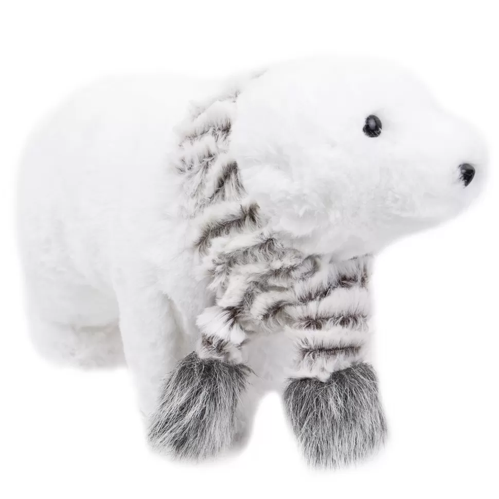 Christmas Forever BEAR WHITE WALKING 6.5″ WHITE FAUX FUR W/ WHT/GRAY FUR SCARF