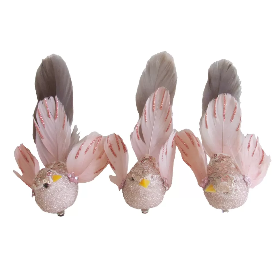 Christmas Forever BIRD PINK FEATHERS/FABRIC 6.5″ PINK GLITTER & BEADS W/ CLIP 3 ASSTD.