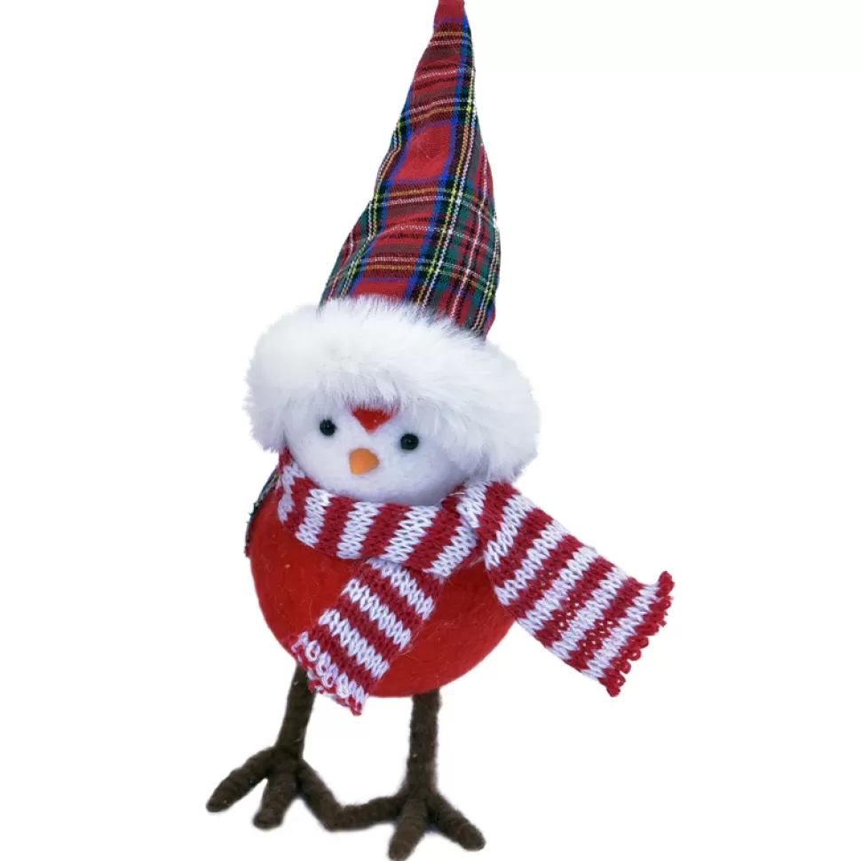 Christmas Forever BIRD PLUSH 7″ STANDING WHITE W/ RED & GRN PLAID HAT & STRIPED SCARF