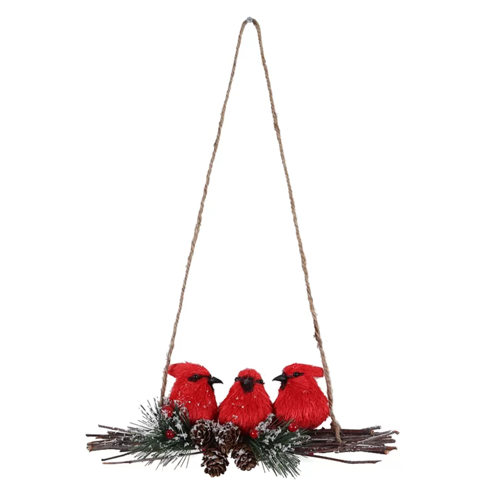 Christmas Forever BIRD RED CARDINAL 12″ X3.5″ ON FROSTED TWIGS WITH PINE & CONE 3-BIRDS