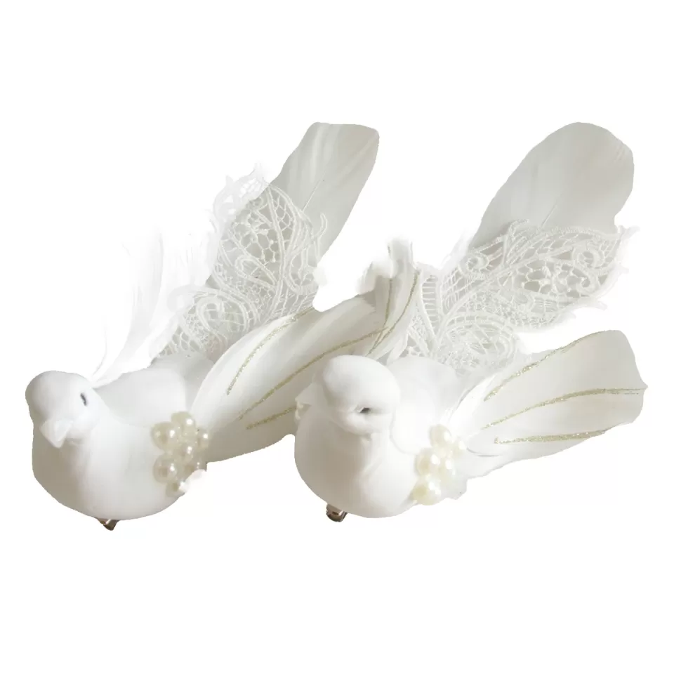 Christmas Forever BIRD WHITE FEATHERS 8″ CREAM GLITTER & PEARLS W/ CLIP 2 ASSTD.