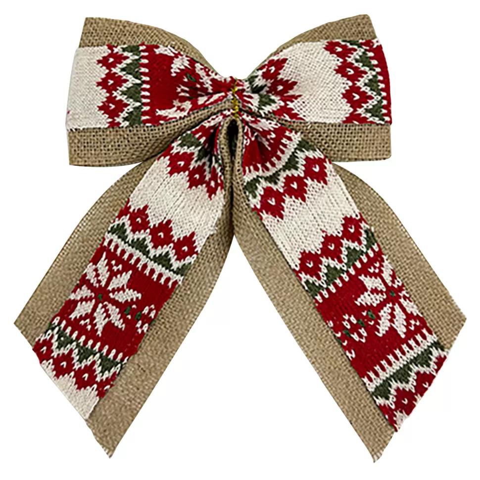 Christmas Forever BOW BURLAP/KNITTED FABRIC RED/WHITE 10.5″ W/ NORDIC PRINT