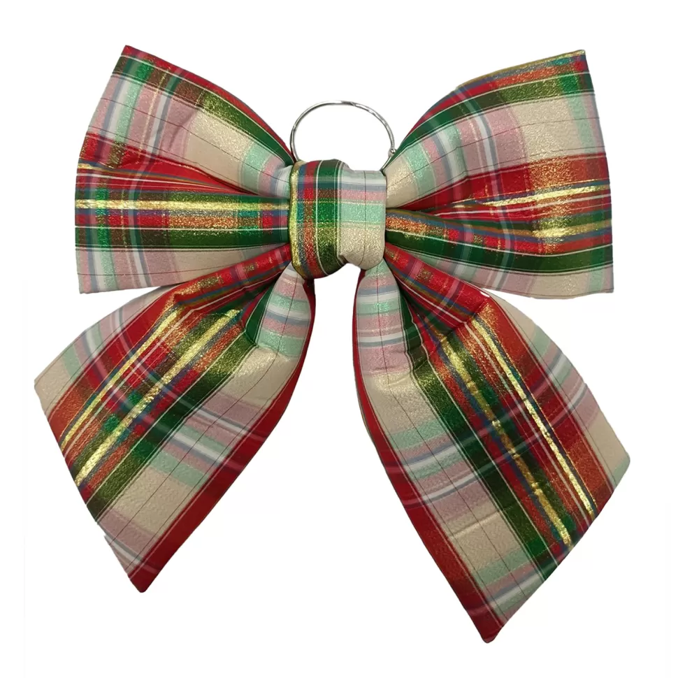 Christmas Forever BOW SPONGE/ FABRIC 13.5″ RED/ GOLD/ GREEN PLAID
