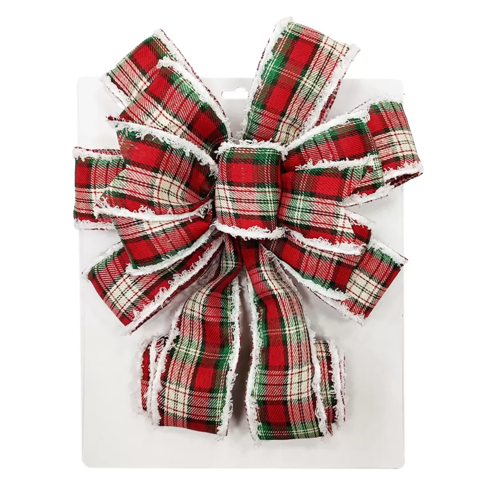 Christmas Forever BOW TREE TOPPER 11″ X 31″ RED/GOLD COLORFUL PLAID WITH VELVET TRIM