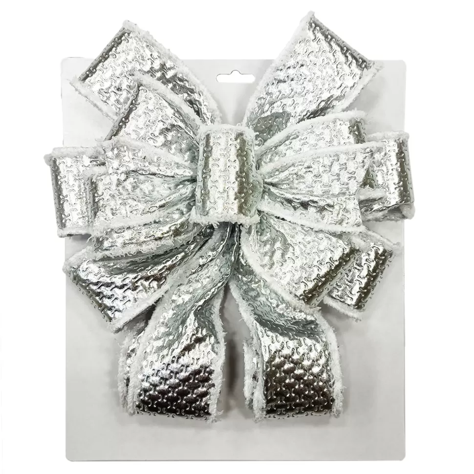 Christmas Forever BOW TREE TOPPER 11″ X 31″ SHINY SILVER WITH VELVET TRIM