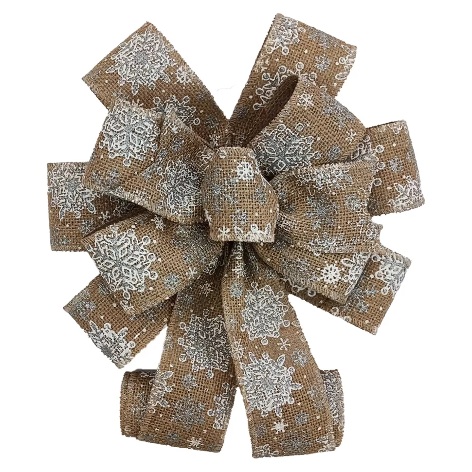 Christmas Forever BOW TREE TOPPER 11″x31″ BURLAP W/ WHITE SNOWFLAKE