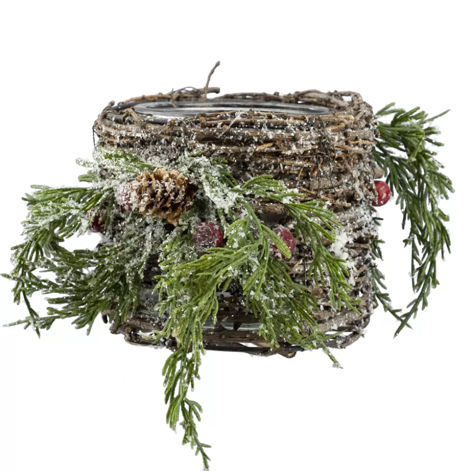 Christmas Forever CANDLE HOLDER GLASS 5″ FROSTED TWIG & PINE