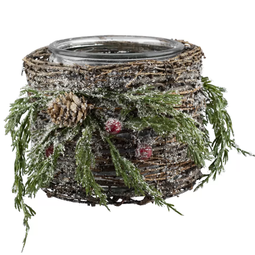 Christmas Forever CANDLE HOLDER GLASS 6″ FROSTED TWIG & PINE