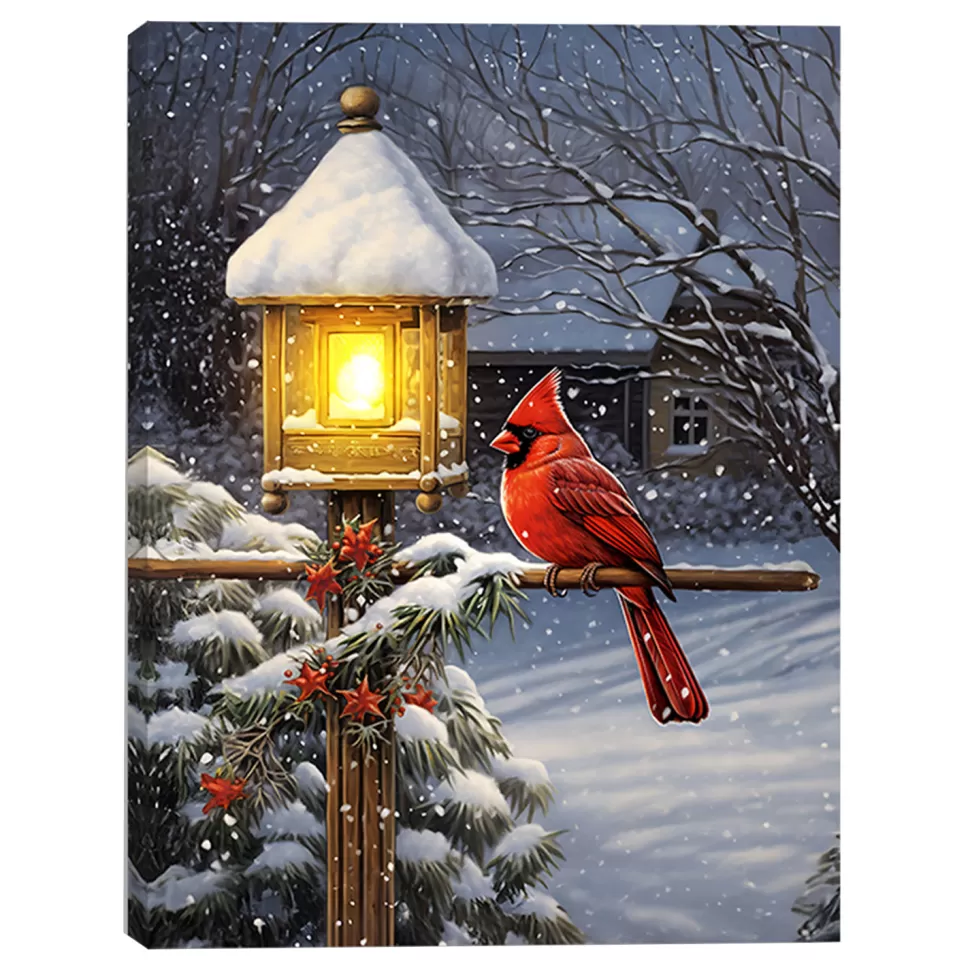Christmas Forever CANVAS 12″x16″ LIGHT UP CARDINAL 1PC LED+20 LED FIBERS+6/18TIMER