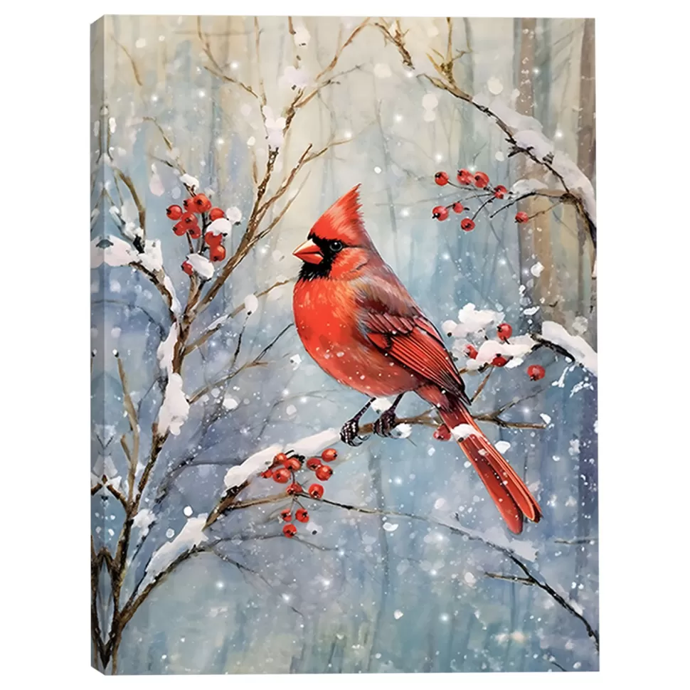 Christmas Forever CANVAS 12″x16″ LIGHT UP CARDINAL 30PCS LED FIBERS+6/18TIMER