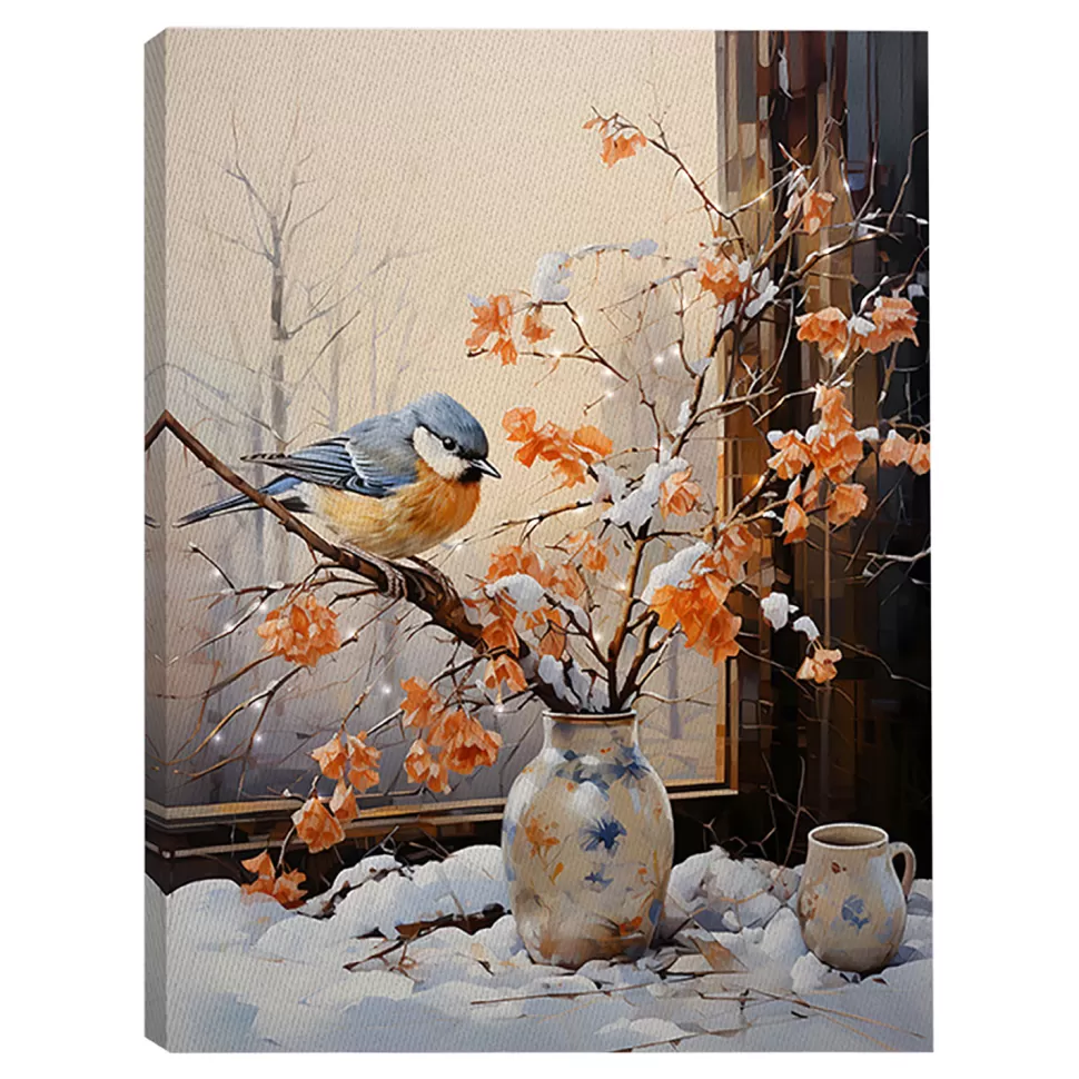 Christmas Forever CANVAS 12″x16″ LIGHT UP ROBIN 30PCS LED FIBERS+6/18TIMER