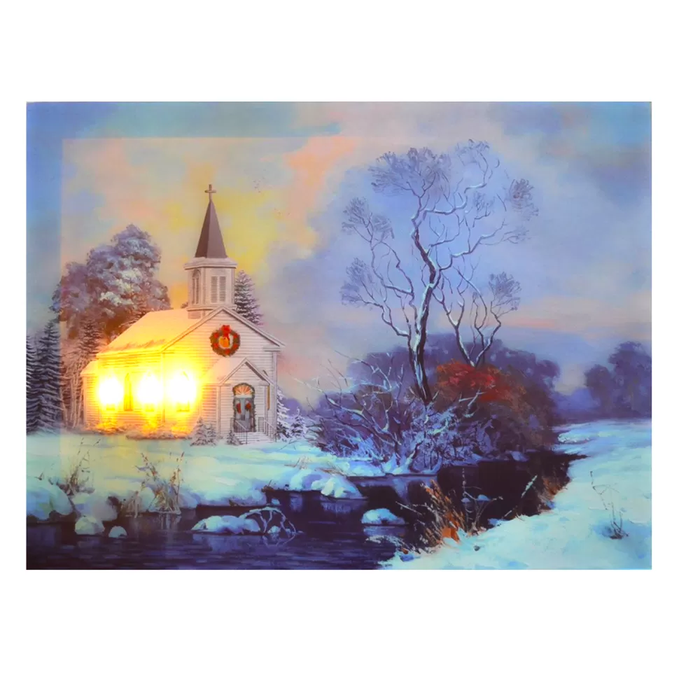 Christmas Forever CANVAS 16″X12″ 3 LED CHURCH BY RIVER W/TIMER