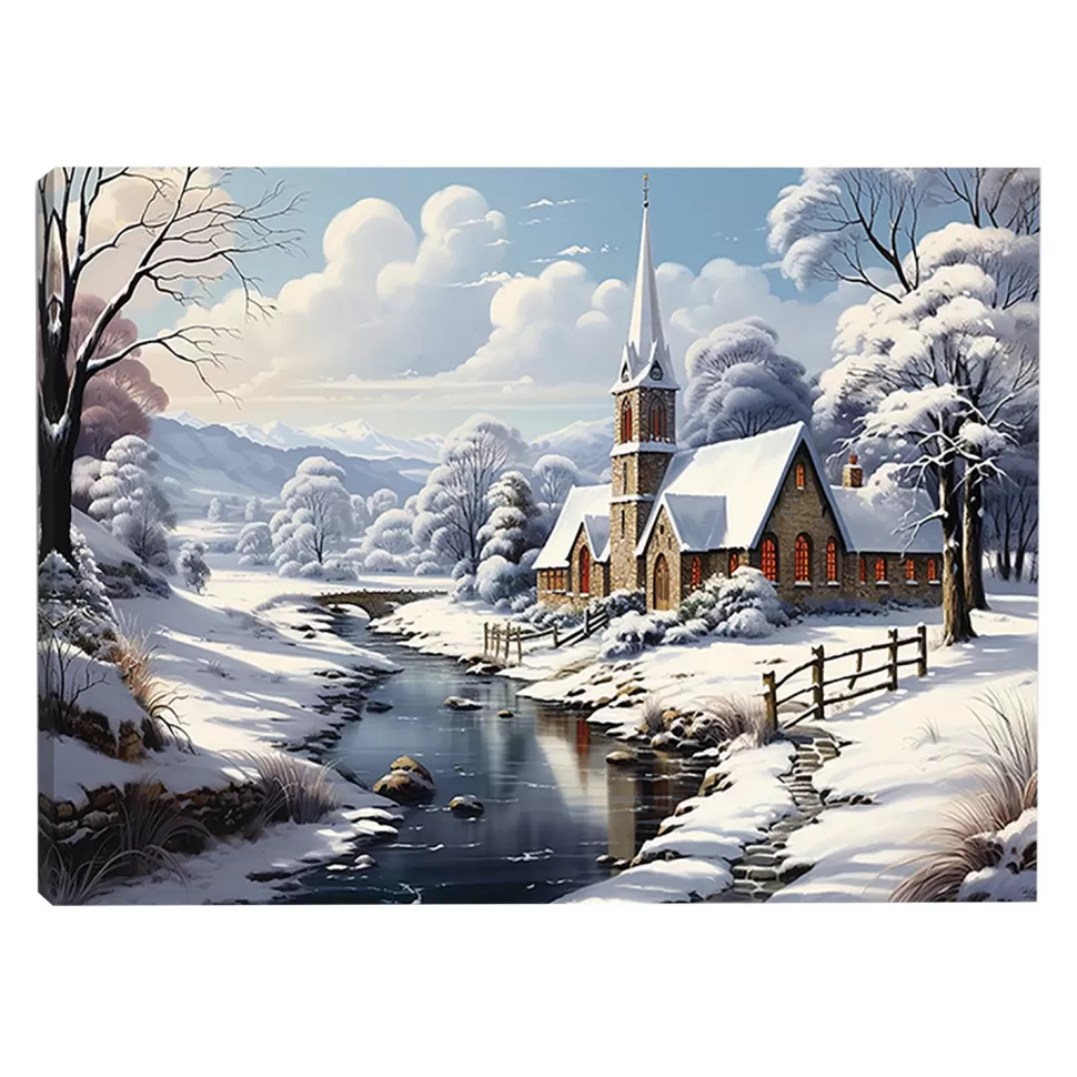 Christmas Forever CANVAS 16″x12″ LIGHT UP CHURCH 4PCS LED+6/18TIMER