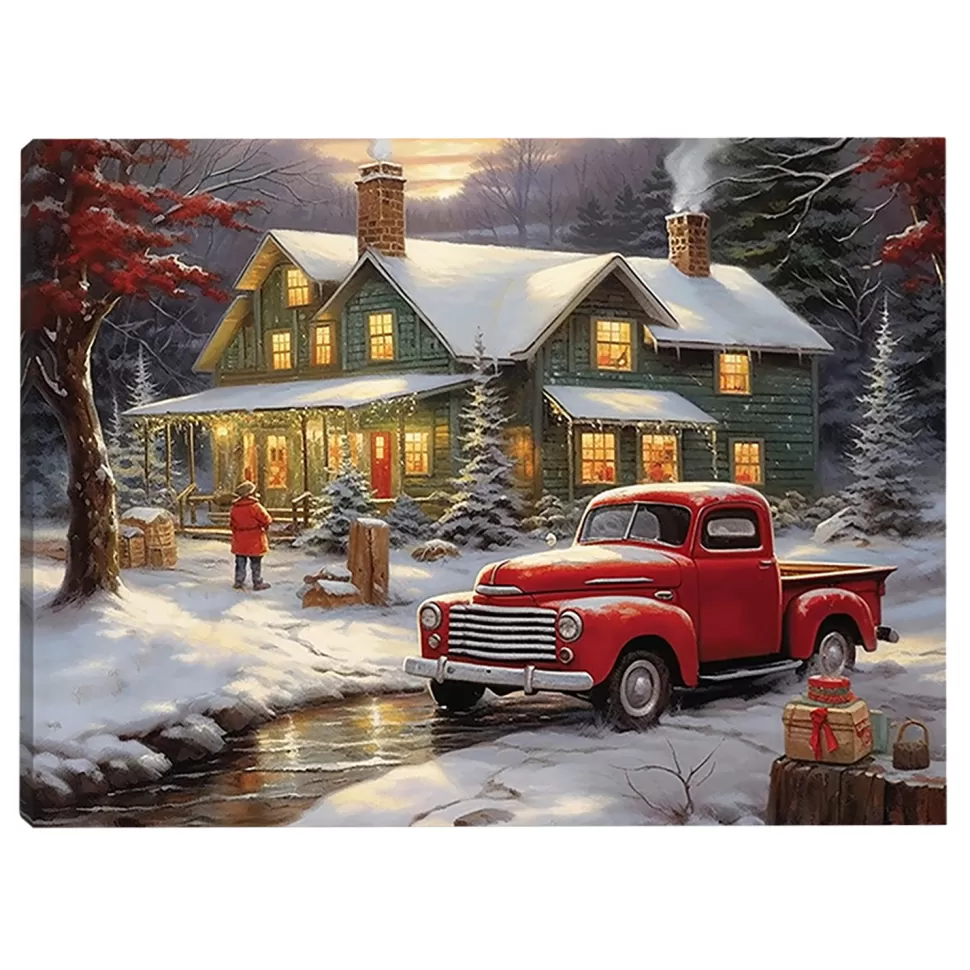 Christmas Forever CANVAS 16″x12″ LIGHT UP RED TRUCK 6PCS LED+6/18TIMER
