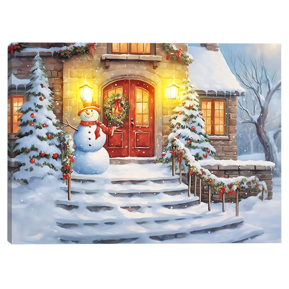 Christmas Forever CANVAS 16″x12″ LIGHT UP SNOWMAN 2PCS LED+30PCS LED FIBERS+6/18TIMER