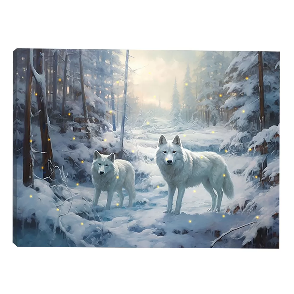 Christmas Forever CANVAS 16″x12″ LIGHT UP WOLVES 30PCS LED FIBERS+6/18TIMER