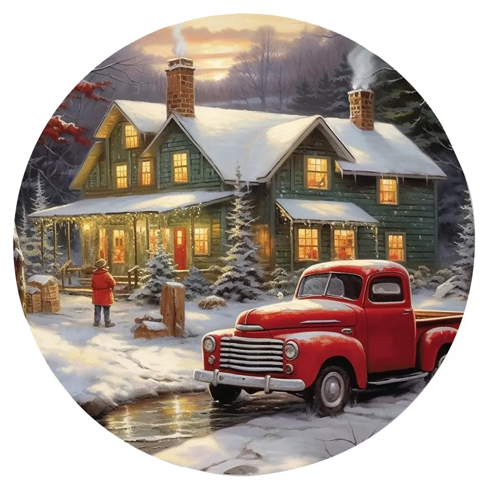 Christmas Forever CANVAS ROUND 12″x12″ LIGHT UP RED TRUCK 3PCS LED+6/18TIMER
