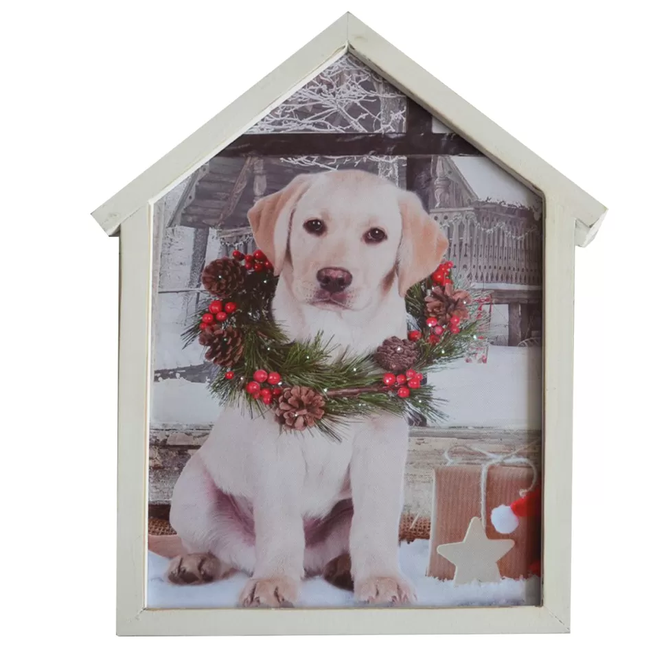 Christmas Forever CANVAS W/ FRAME 12″X15″20 LED DOG W/ WREATH W/TIMER