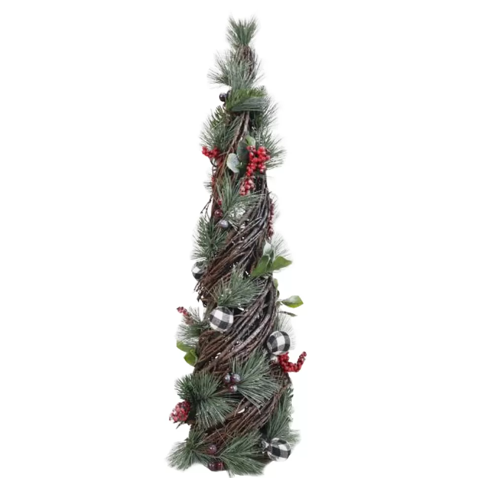 Christmas Forever CONE TREE NAT. RATTAN 22″ W/ MIXED PINE & BERRIES FROSTED