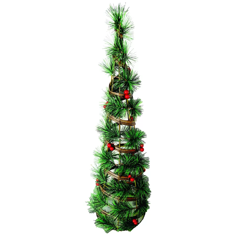 Christmas Forever CONE TREE RATTAN 24″ W/ NEEDLE PINE & RED BERRIES