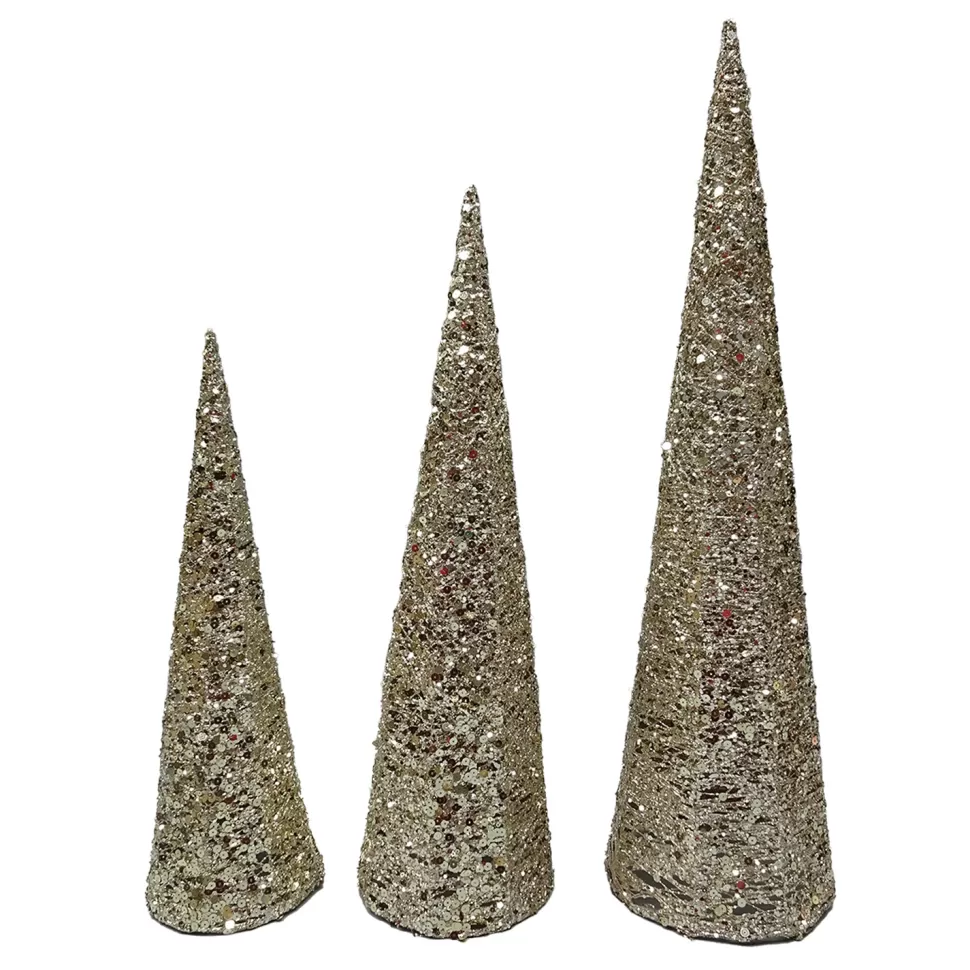 Christmas Forever CONE TREE YARN/ GLTR 15.5″/19.5″/23.5″ CHAMPAGNE GOLD W/ GLITTER & SEQUINS 3PC.