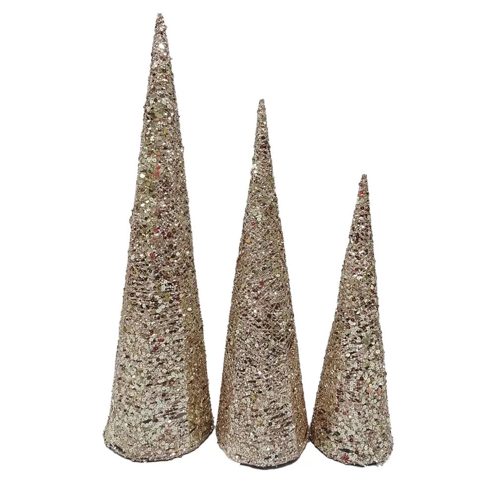 Christmas Forever CONE TREE YARN/ GLTR 15.5″/19.5″/23.5″ ROSE GOLD W/ GLITTER & SEQUINS 3PC