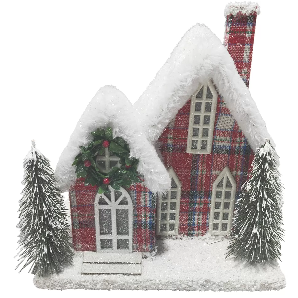 Christmas Forever COTTAGE HOUSE 9″x9″ RED/PLAID W/ SNOW ROOF LED LIGHT-UP W/ TIMER