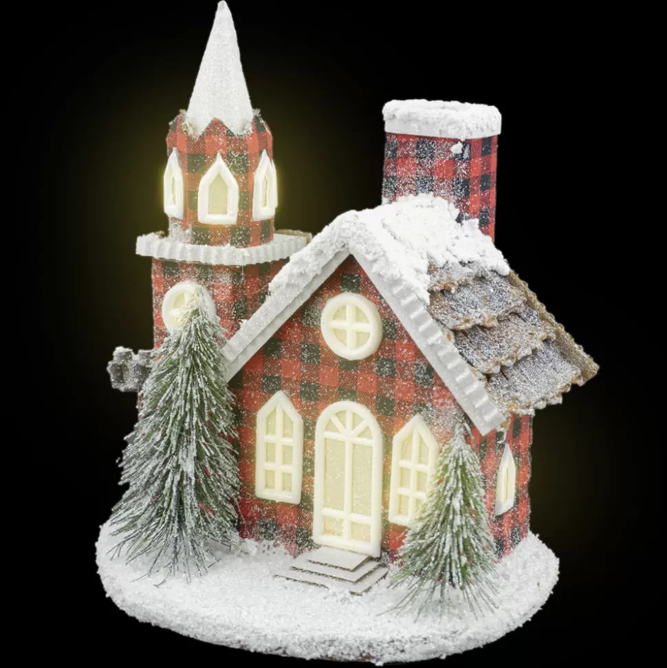Christmas Forever COTTAGE LOOK CHURCH 11″ RED/ BLK PLAID W/ SNOW ROOF W/LED LIGHTS B/O