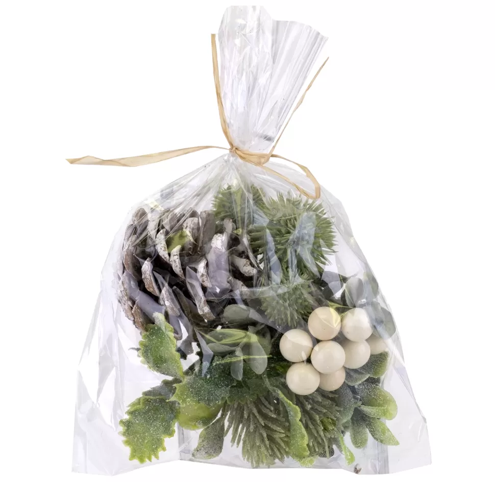 Christmas Forever CRAFT BAG 5″X6″ FROSTED MIXED GREEN W/ WHITE BERRIES & PINE CONES