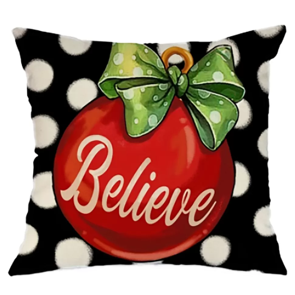Christmas Forever CUSHION DECORATIVE 16″x16″ “BELIEVE” BLACK/RED/GREEN