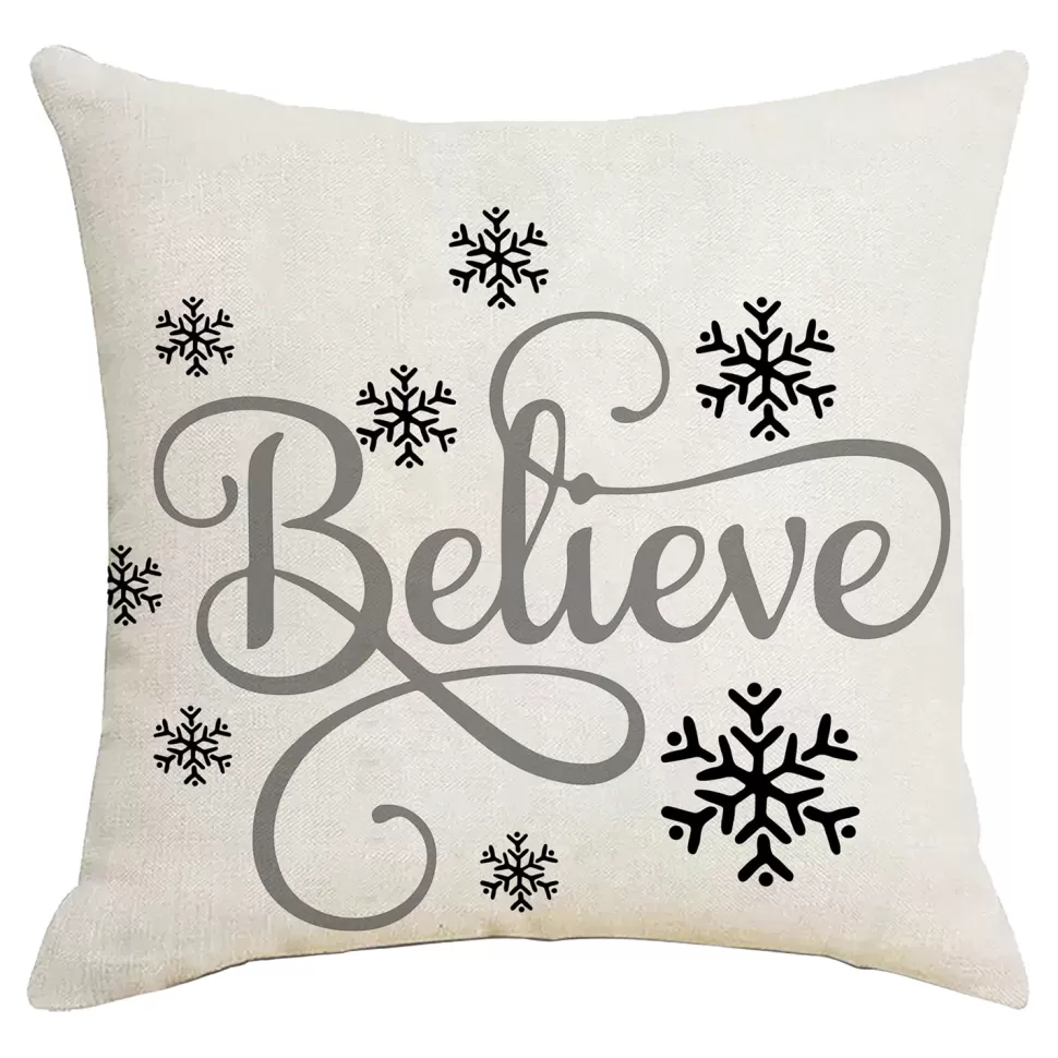 Christmas Forever CUSHION DECORATIVE 16″x16″ “BELIEVE” IVORY/GRAY