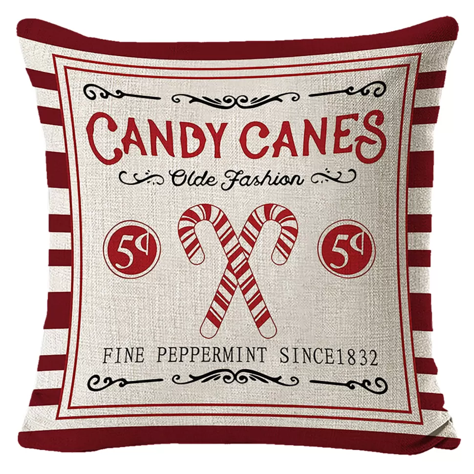 Christmas Forever CUSHION DECORATIVE 16″x16″ “CANDY CANES” IVORY/RED