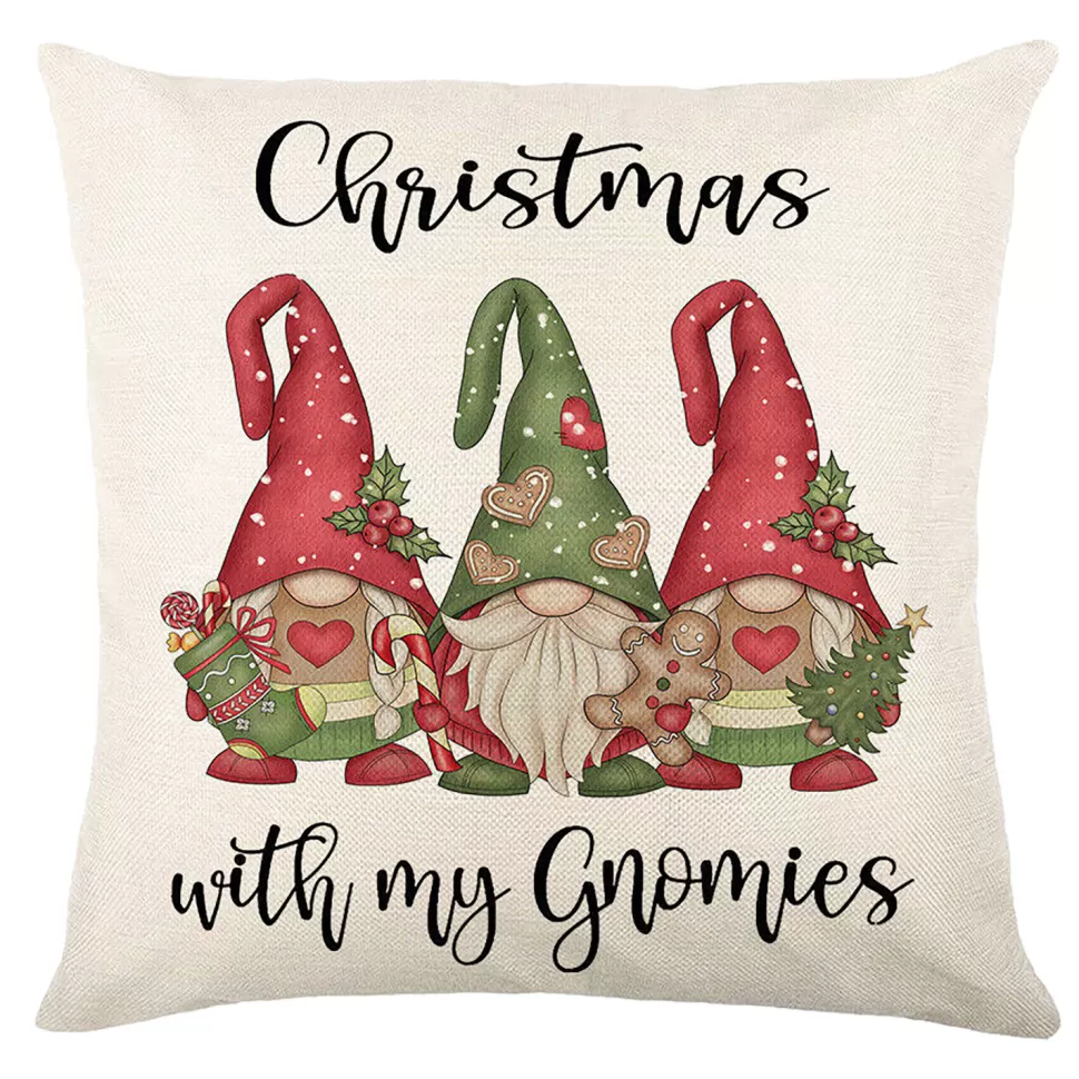Christmas Forever CUSHION DECORATIVE 16″x16″ “CHRISTMAS WITH GNOMIES” IVORY RED/GREEN