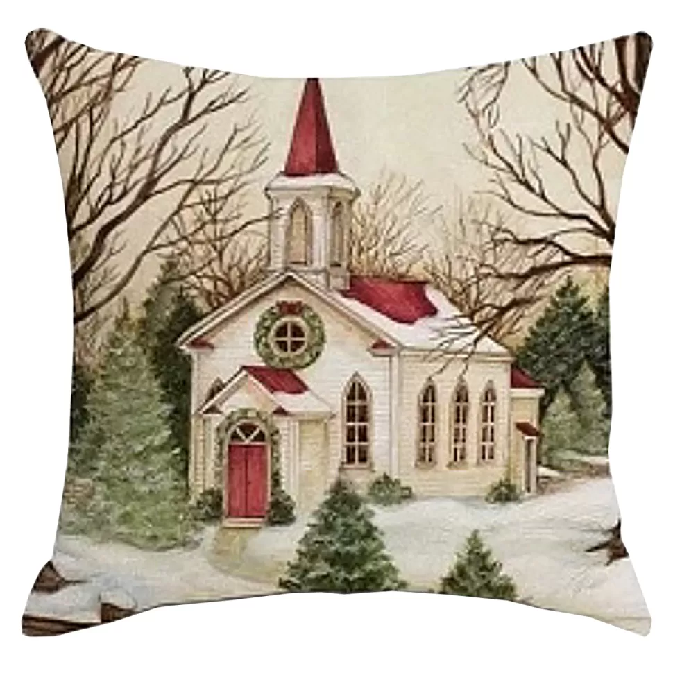 Christmas Forever CUSHION DECORATIVE 16″x16″ CHURCH SCENE IVORY/RED/GREEN