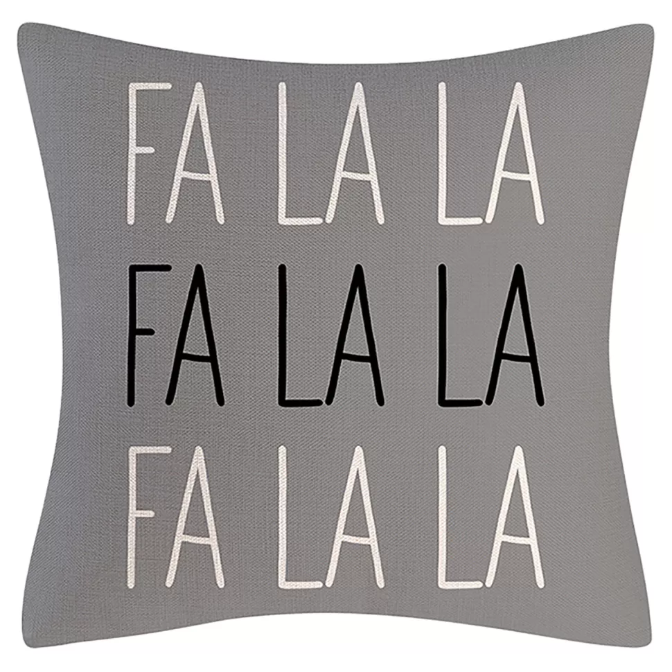 Christmas Forever CUSHION DECORATIVE 16″x16″ “FA LA LA” GRAY/WHITE/BLACK