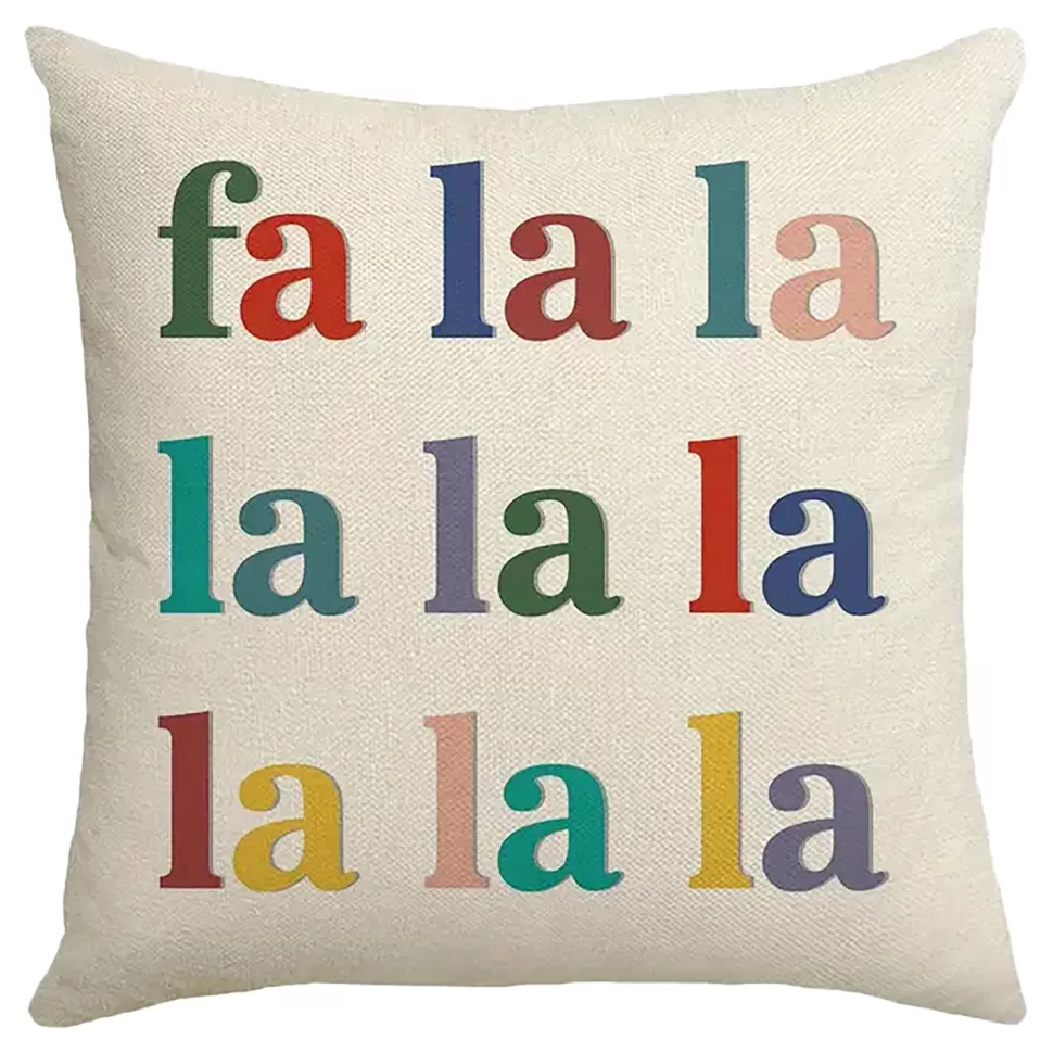 Christmas Forever CUSHION DECORATIVE 16″x16″ “FA LA LA” IVORY/MULTI