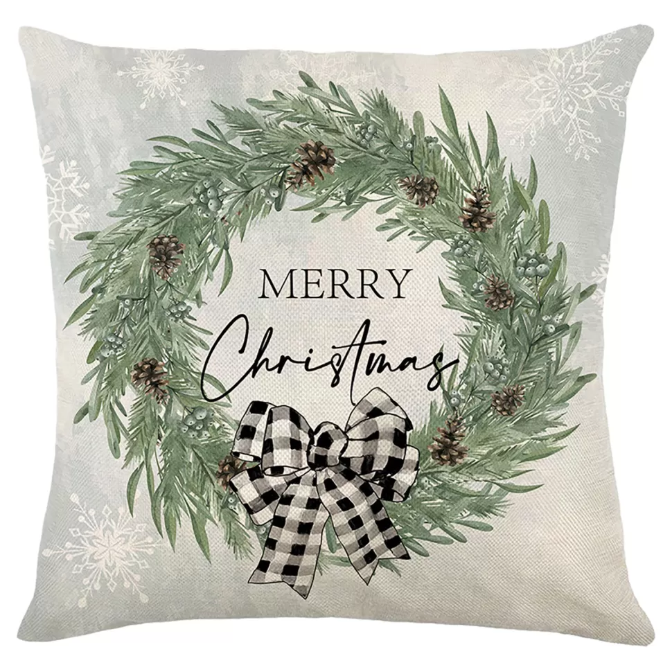 Christmas Forever CUSHION DECORATIVE 16″x16″ “MERRY CHRISTMAS” IVORY/GREEN/BLACK